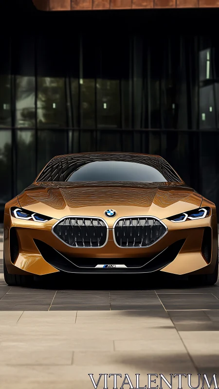 Golden performance car glows against sleek modern architecture