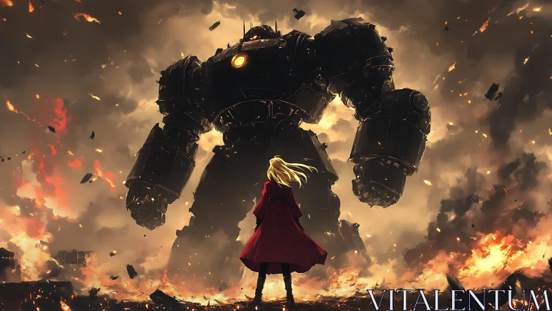 Figure observes large armored mech amid smoke and flames