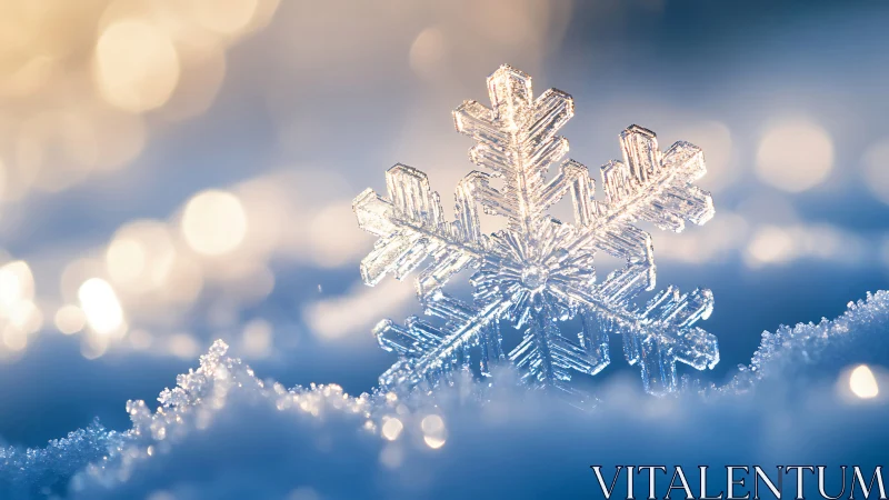 Macro snowflake crystal under warm winter backlight glow.