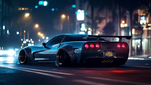 Widebody sports car idles under neon city night lights