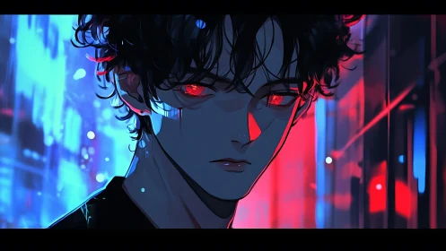 Neon-eyed loner in moody cyberpunk alleyway glow.