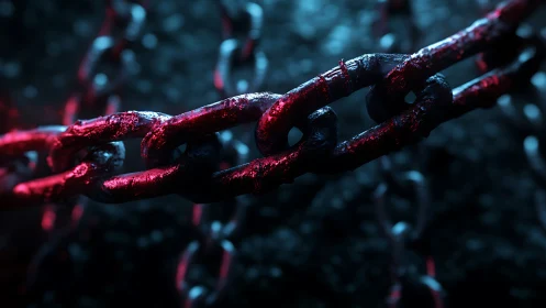 Macro-rendered corroded chain links under red cyan lighting.