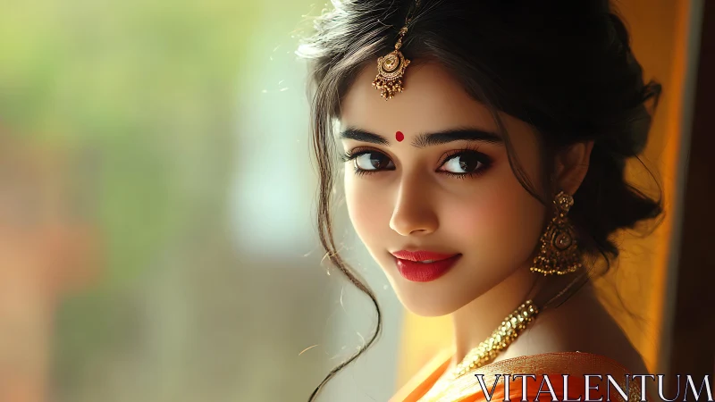 Photorealistic portrait of woman in traditional jewelry.