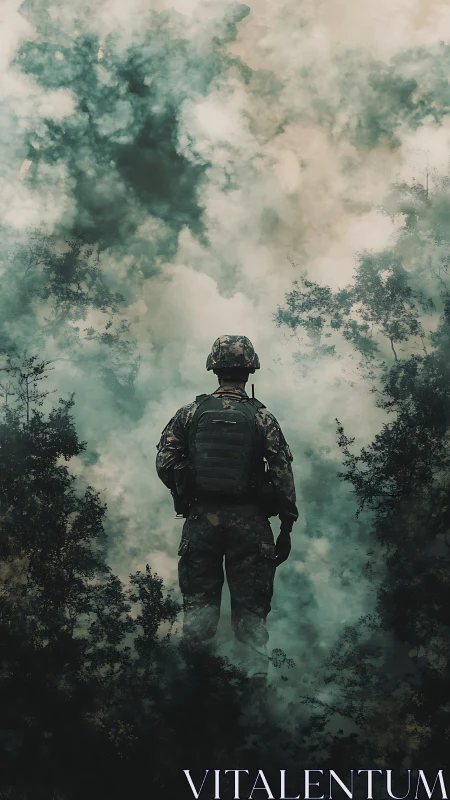 Soldier in dense smoke within obscured forest environment.