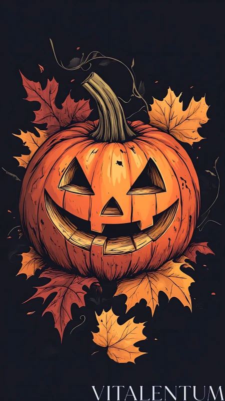 Whimsical jack-o’-lantern glowing amid swirling autumn leaves.