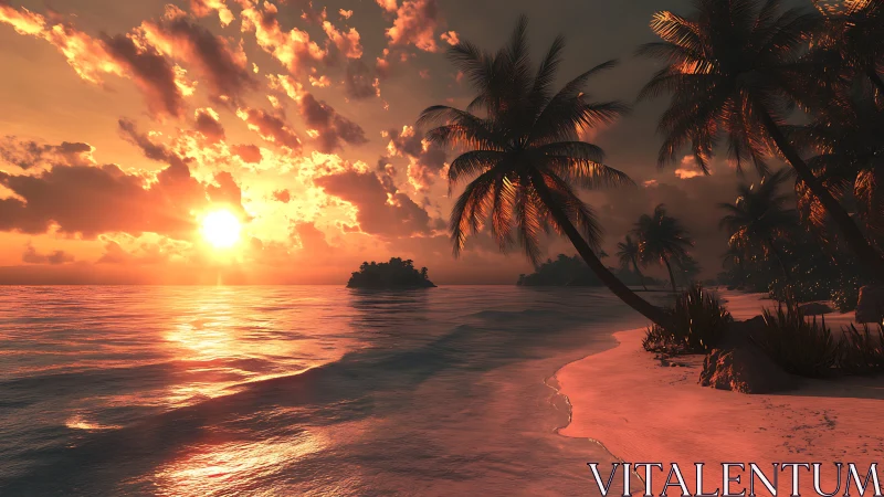 Golden island sunset hugging a quiet palm-lined shoreline.
