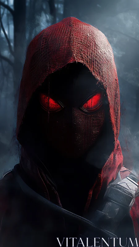 Red-hooded watcher emerges with glowing demonic eyes.