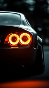 Rear automotive close-up isolates circular LED taillight array