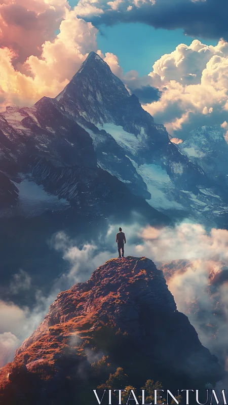 Solitary observer on sunlit ridge beneath stratified alpine colossus.