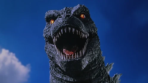 Close view of roaring reptilian monster against blue sky