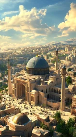 Sunlit domed mosque complex with dense Middle Eastern cityscape