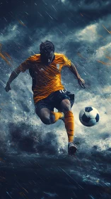Soccer player kicks ball through stormy rain with dynamic motion