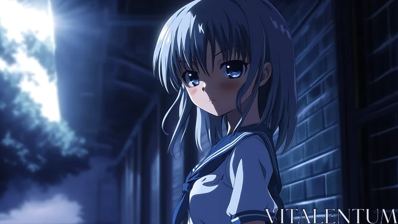 Silent schoolgirl pauses under moonlit corridor shadows.