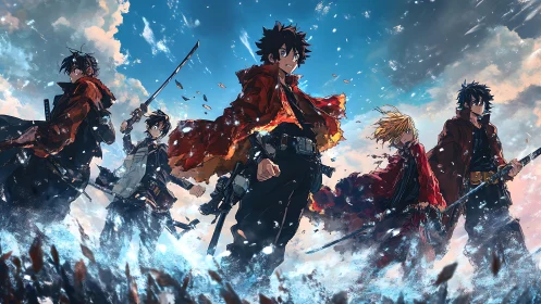 Storm-forged anime swordsmen stride through shattering skyfields.