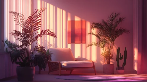 Digital painting of tropical lounge with warm sunset gradients.