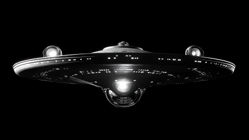 Monochrome starship render with illuminated saucer hull.