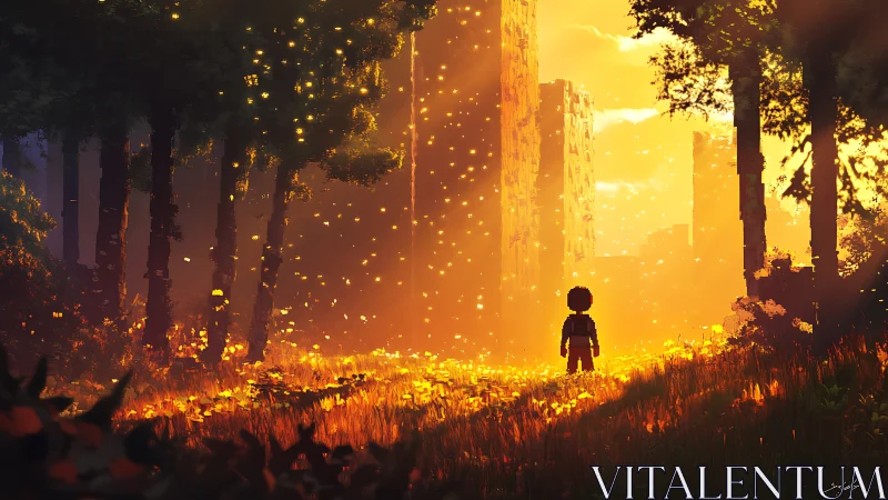 Backlit child in luminous ruin-forest threshold at sunset.
