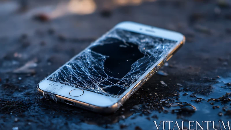 Fractured smartphone glass on wet asphalt in shallow focus.
