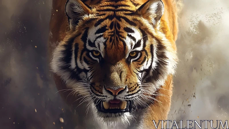 Charging tiger emerges through swirling dust in sharp focus