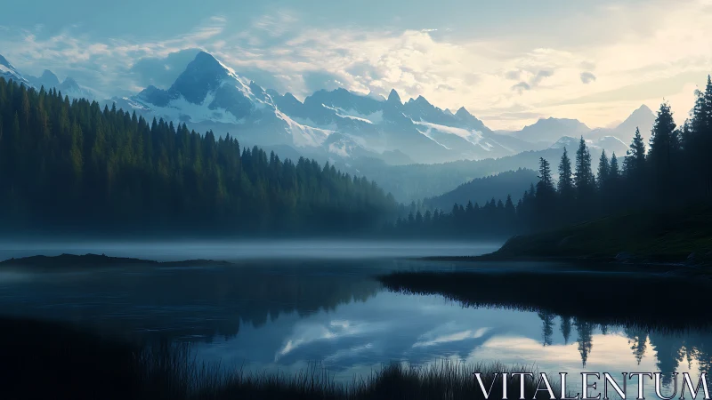 Mountain lake with conifer forest and distant snow peaks.