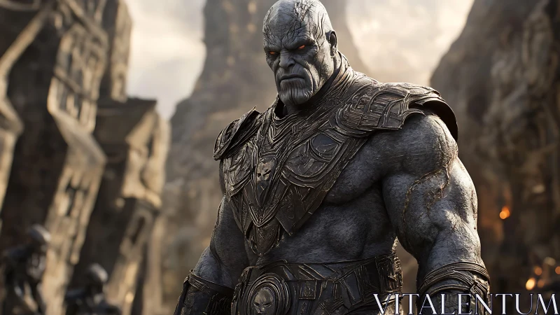 Armored stone-skinned warlord in ruined canyon stronghold