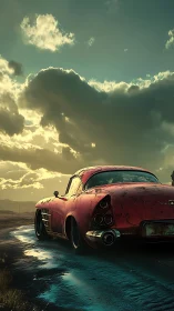 Weathered red classic coupe stands on wet rural roadway