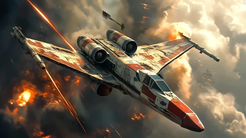 Starfighter dives through burning clouds under missile fire.