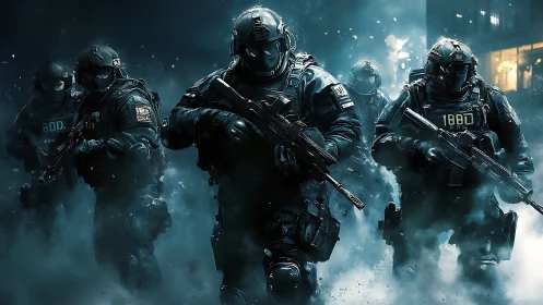 Tactical assault team advances through neon fog in cinematic detail