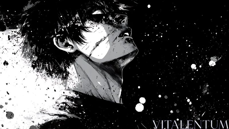 Gritty monochrome anime portrait gazes upward through chaos