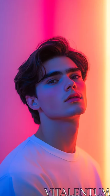 Young man in neon gradient portrait lighting study.
