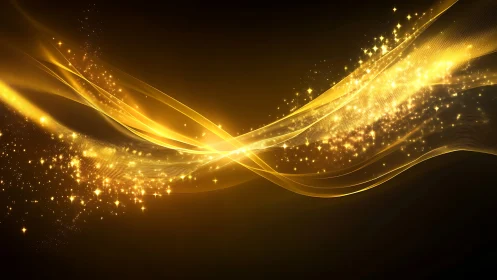Golden light waves with sparkling particle trails on black.