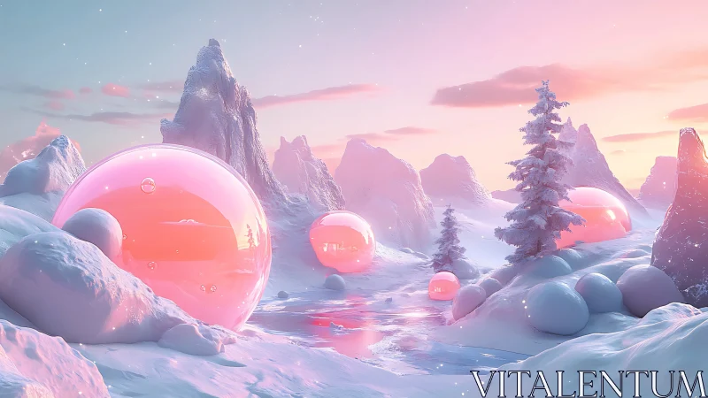 Pink translucent spheres rest in a stylized snowy valley