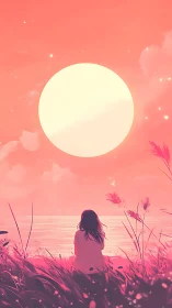 Silhouetted figure observes large sun over stylized shoreline