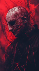 Scarred crimson phantom bows into the smoke of his own rage