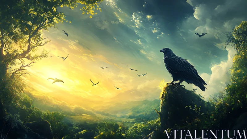 Majestic black raven on cliff at sunrise, digital fantasy art.