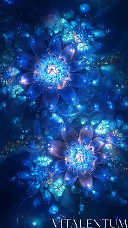 Starlit blue fractal flowers glow softly in a dreamy night sky