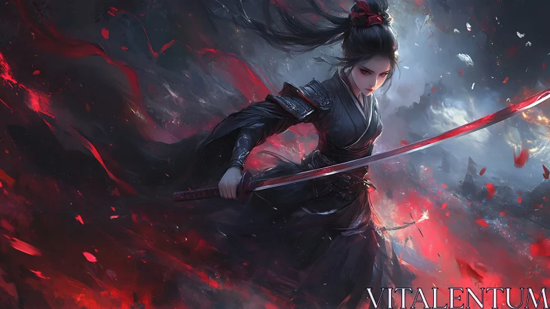 Crimson storm samurai girl carving silence from chaos.