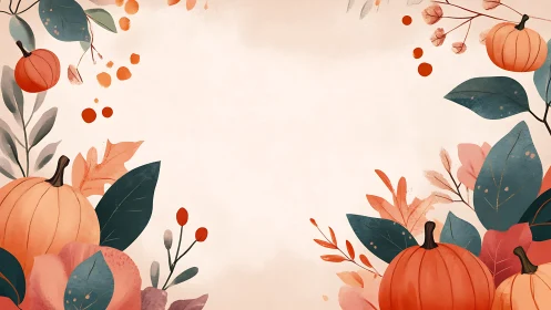 Autumn pumpkins frame soft cream background with foliage