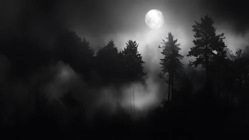 Monochrome lunar forestscape with atmospheric backlit mist.