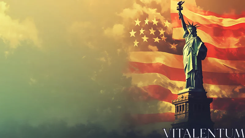 Statue of Liberty shining proudly before a glowing flag.