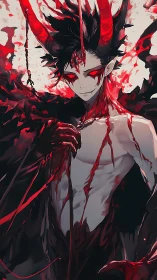 Demonic portrait reveals horned figure in high-contrast blood reds