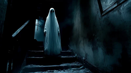 Photorealistic spectral figure on decayed staircase in low key lighting.