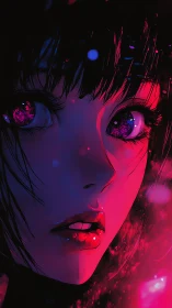 Close-up anime girl portrait in neon pink and blue lighting
