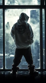 Hooded figure at high window overlooking misty cityscape.