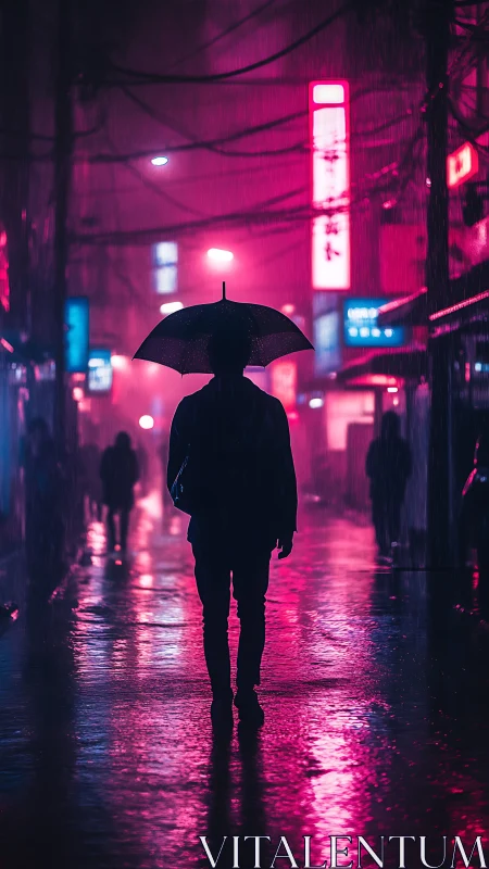 Silhouette with umbrella on neon lit rainy city street.