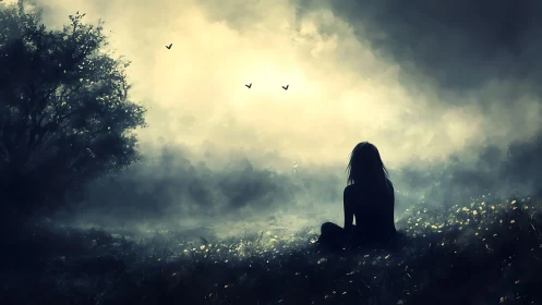 Silent dreamer watches dawn mist unravel the dark field