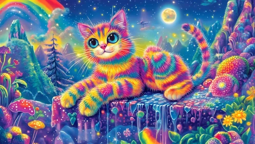 Chromatic feline on iridescent waterfall plateau under nebula sky.