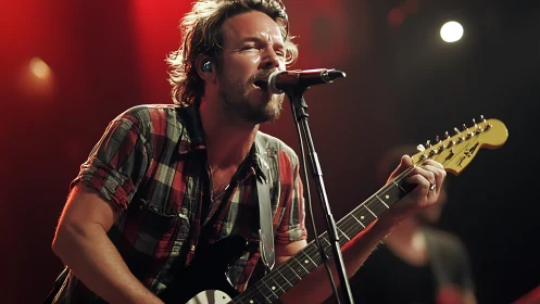 Plaid shirt guitar howl under molten red stage lights.