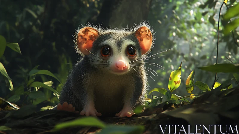 Wide-eyed forest creature gazes curiously through soft light.