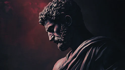 Stoic marble bust in dramatic red and shadowed light.